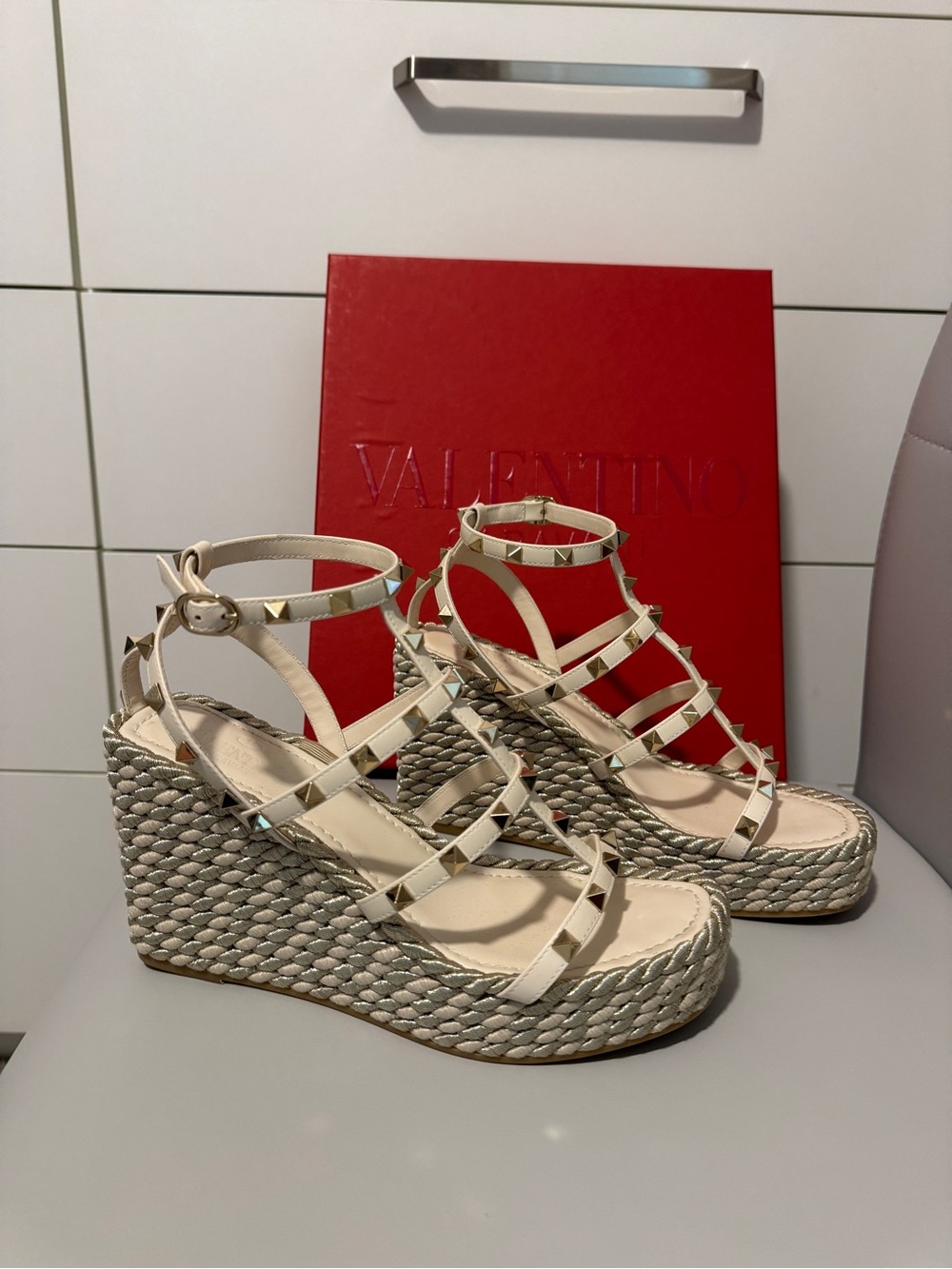 Valentino Ivory Rockstud Woven Espadrille Wedge Sandals